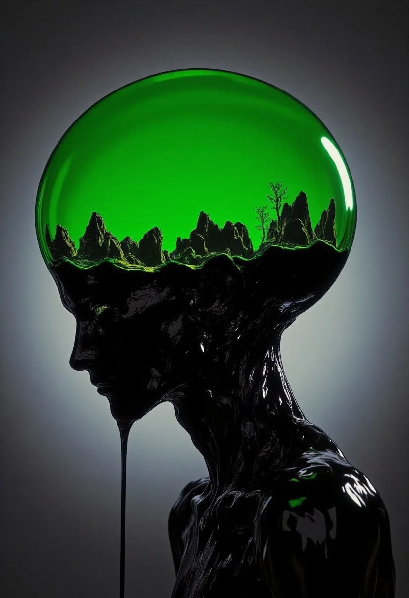 A highly detailed, high-quality CGI artwork featuring a surreal, abstract composition. The central figure is a human head encased in a transparent, neon green bubble, which contains a miniature landscape with rocky formations and a small body of water. The head is depicted in profile, facing left, with an expressionless face. The skin is rendered in a glossy, reflective black material, giving it an oil-like appearance that contrasts sharply with the vivid green bubble. A thin, black liquid drips from the open mouth, adding an eerie, fluid element to the scene. The background features a smooth gradient from dark gray to light gray, creating a neutral backdrop that emphasizes the colors of the bubble and the glossy black skin. The composition is symmetrical, with the bubble centered on the head, providing balance and visual appeal. Artificial lighting creates high contrast, illuminating the bubble while casting shadowed areas on the head, highlighting the textures and materials. The artwork showcases a very high aesthetic quality, with meticulous attention to detail in the rendering of materials and surreal elements. The digital medium allows for precise control over colors and textures, resulting in a polished, immersive visual effect. aesthetic_pos3
