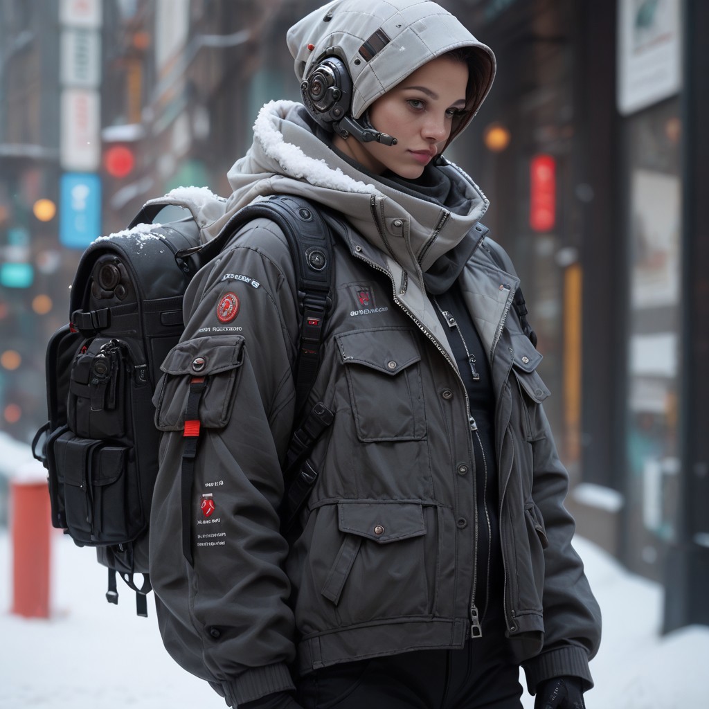 score_9, score_8_up, score_7_up, score_6_up, score_5_up, score_4_up, source_photo, source_real,  snow, techwear, solo, gloves, long_sleeves, standing, jacket, pants, hood, bag, blurry, no_humans, blurry_background, backpack, helmet, robot, mecha, 1other, zipper, science_fiction, realistic, humanoid_robot, Vivid Colors, high Contrast,