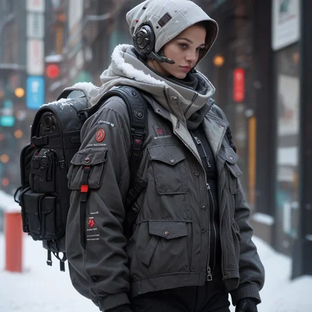 score_9, score_8_up, score_7_up, score_6_up, score_5_up, score_4_up, source_photo, source_real, snow, techwear, solo, gloves, long_sleeves, standing, jacket, pants, hood, bag, blurry, no_humans, blurry_background, backpack, helmet, robot, mecha, 1other, zipper, science_fiction, realistic, humanoid_robot, Vivid Colors, high Contrast,