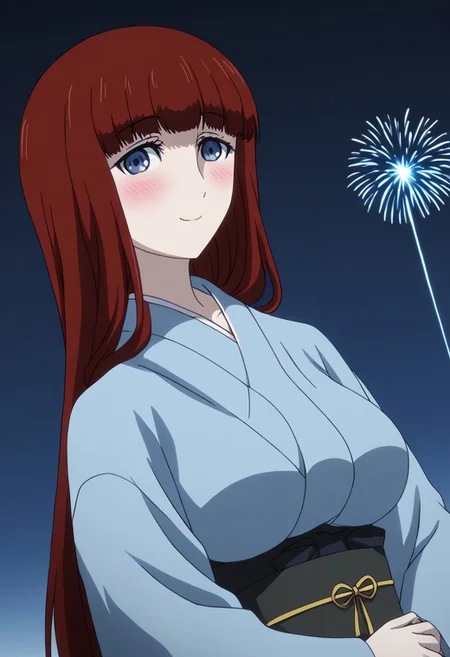 rating_safe, Ultra-high-detailed Anime illustration of Kagari Shiina from Anime Steins;Gate 0. The artwork features Kagari in a solo, standing position with a outdoors, flield and background, background in the night sky. night time. night.
She is depicted with intricate details showcasing her large breasts, natural_breasts. She is a white skinned, 22 years old woman. Kagari is looking_at_viewer with perfect_eyes, Her pupils are highly detailed. The eyes are open. blue eyes. Kagari's eyes are highlighted. Highlighted eyevrows. 
She has long hair, red colored hair, styled in blunt bangs and floating hair.
She is wearing a blue kimono and black shoes. japanese kimono, kimono.
The artistic style is intricate_details_xl with a focus on Anime art. The color palette emphasizes red and black with detailed strokes to bring out the character's features. The lighting creates dramatic shadows and highlights, adding depth to the artwork. The perspective is from a face focus, dutch angle to enhance the impact of the character's expression. This masterpiece is a true portrayal of Kagari's complex personality and will captivate any fan of Kagari. uncensored, upper body, blushing, smile, Kagari Shiina,
perfecteyes,
<lora:Steins_Gate:1>
kimono
happy new year!, Happy New Year fireworks, Happy New Years