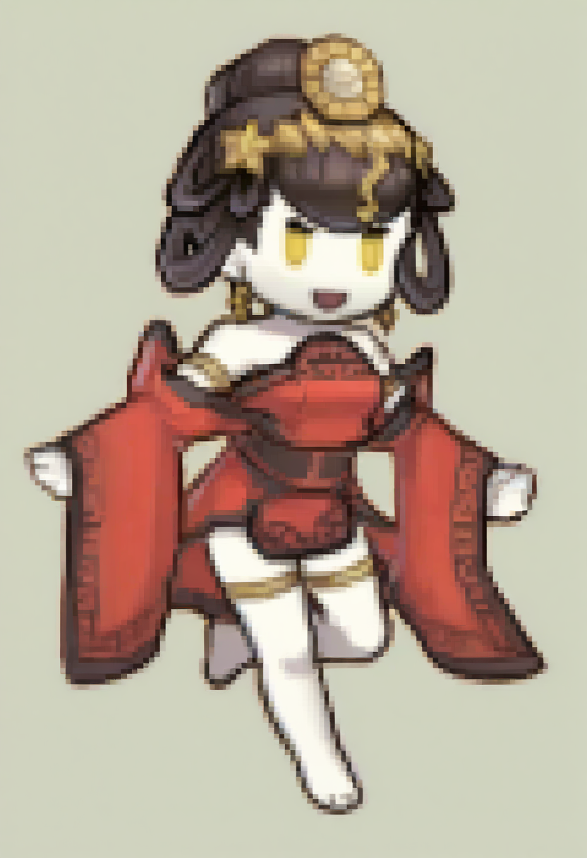 masterpiece, best quality, 1girl, :d, standing on one leg, <lora:NuwaSMT-illu:1> nuwa, black hair, hair bun, hair rings, headpiece, yellow eyes, white skin, earrings, red dress, off-shoulder dress, armlet, wide sleeves, black sash, bare legs, thighlet, barefoot,  <lora:Feh-Sprites-illus_Fp:1> simple background, chibi, full body