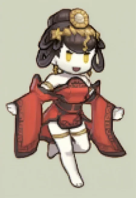 masterpiece, best quality, 1girl, :d, standing on one leg, <lora:NuwaSMT-illu:1> nuwa, black hair, hair bun, hair rings, headpiece, yellow eyes, white skin, earrings, red dress, off-shoulder dress, armlet, wide sleeves, black sash, bare legs, thighlet, barefoot, <lora:Feh-Sprites-illus_Fp:1> simple background, chibi, full body