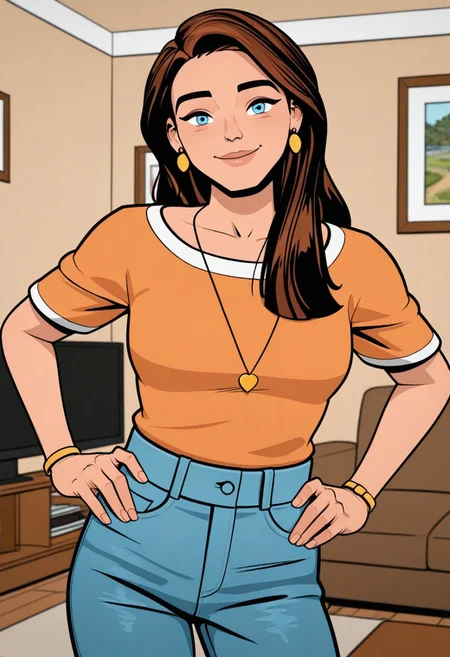 Masterpiece, best quality, AuntMayParker, brown hair, blue eyes, necklace, earrings, jewelry, bracelet, orange shirt, denim jeans, cowboy shot, 1girl, solo, living room, hands on hips, smile, closed mouth, looking at viewer, indoors,