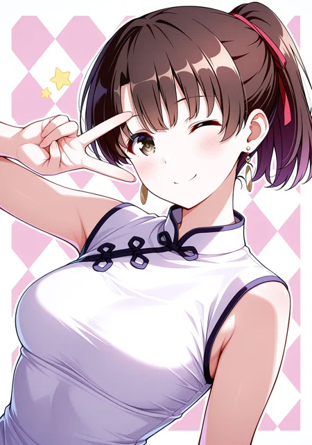 masterpiece, best quality, amazing quality, very aesthetic, absurdres, highres, newest,
1girl, solo, katou megumi, saenai heroine no sodatekata, brown eyes, brown hair ,short hair, ponytail, earrings, dynamic pose, dynamic angle, looking at viewer, upper body, (simple background, argyle background, two-tone background), china dress, head tilt, happy, smile, v over eyes, wink, one eye closed, star (symbol), sparkles,