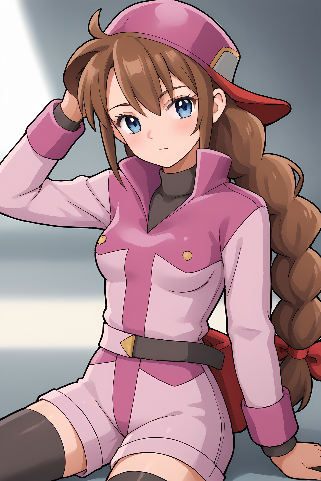 (pink jacket black turtleneck pink shorts belt black thighhighs:1.30), cra-liv, pink cap, backwards cap, blue eyes, brown hair, single braid, bangs, red hair ribbon, 
medium breasts, 1girl, solo, skinny, (source_anime, score_9, score_8_up, score_8, score_7_up), score_7, score_6_up, score_6, score_5_up, score_5, 
(blush:1.10),
(arena:1.30),
(sitting:1.20), (:1.20),
<lora:cra-liv-V03-000004:0.80>