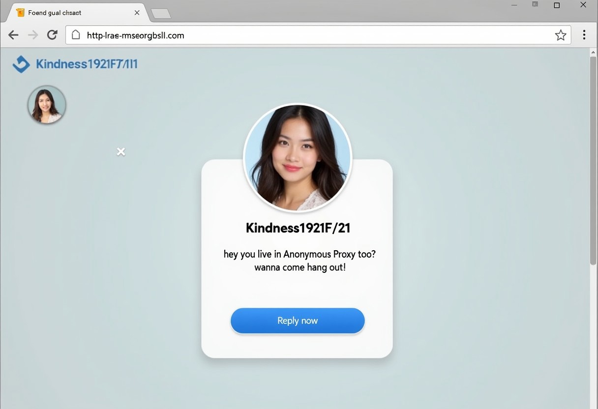 a chat pop up window in a browser, a profile picture of a pretty asian girl, profile name is "Kindness1921F/21" letters spelling out a chat message "hey you live in Anonymous Proxy too!? wanna come hang out?"
A "reply now" button below chat message,