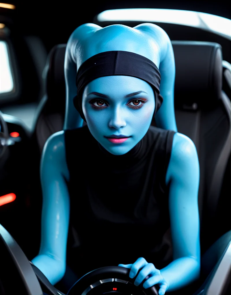 8k UHD, 1440p, hires, score_9, score_8_up, score_7_up, score_6_up, score_5_up, realistic, explicit, solo, intricate detail, perfect eyes, face focus, VaoM, KOTOR, Twi'lek, Lekku, alien, colored skin, blue skin, hairband, 1girl, solo, round face, puffy eyes, brown eyes, slim hips, thin legs, from front, cute, black shirt, vest, boots, in cockpit <lora:Expressive_H:1> <lora:PerfectEyesXL:0.7> <lora:Pony_Mission-Vao_V1:1>