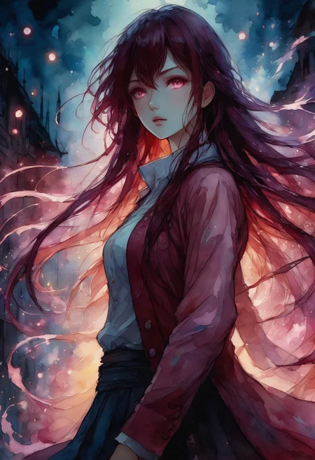 mix of watercolor and oil painting, anime artwork, anime style, studio anime, etheral, motion lines, glowing, Chiaroscuro, 1girl, woman, female focus, solo, adult female, dark red Long hair, pink eye, standing with one arm raised and pointing, home office background, deep colors, vivid, colorful, fairy tale aethestics, magic, fireflies, cinematic composition, volumetric lighting, volumetric fogs, volumetric dusk, lots of volumetric clouds, cinematic composition, side view, penumbra, celestial, ethereal
