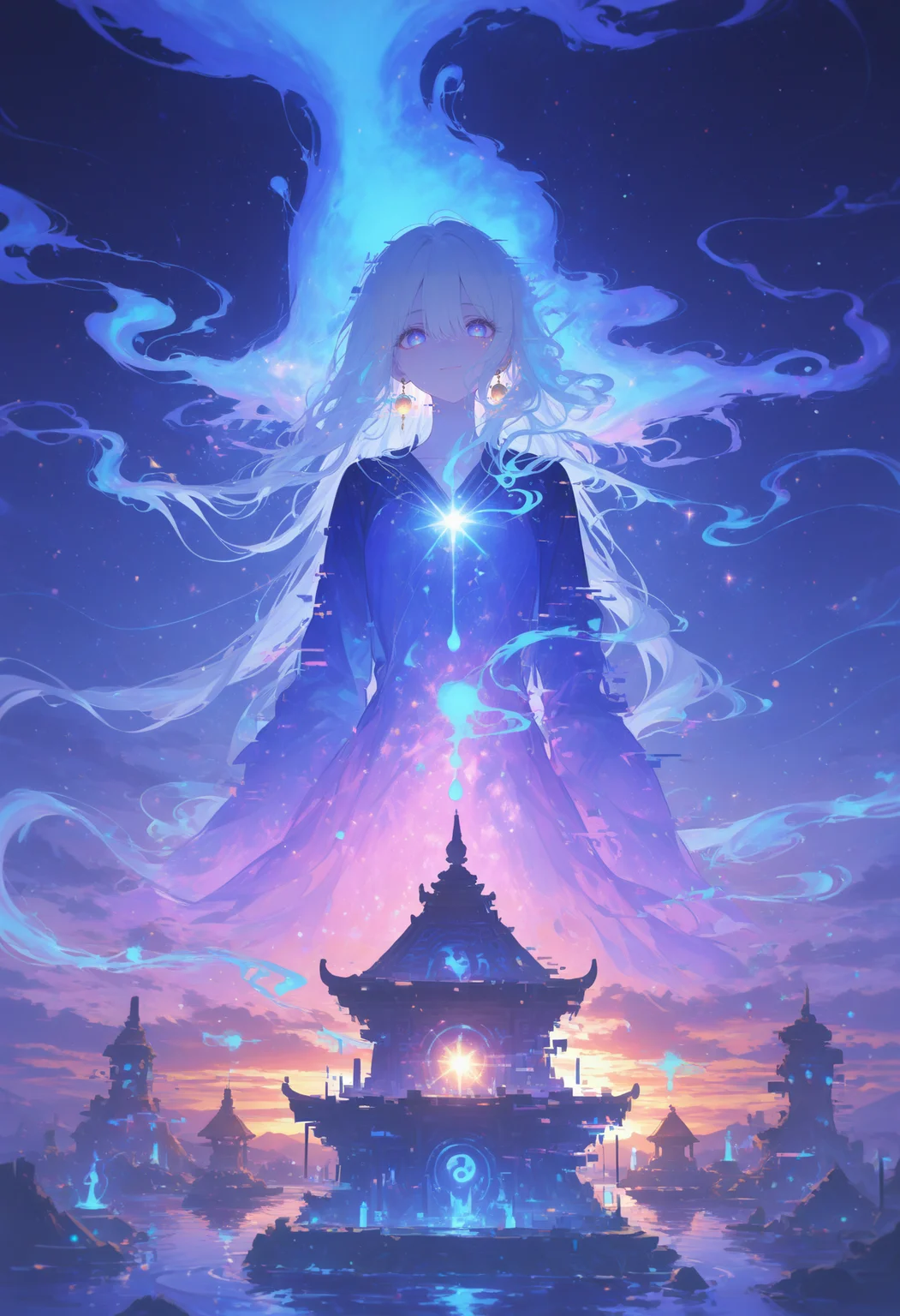 (1girl),(mystical floating temple at twilight, ethereal atmosphere:1.6),
(golden sunset light mixed with cool blue ambient glow, dramatic contrast:1.7),
(volumetric light rays, mist swirling around, faint magical energy:1.5),
(graceful and mysterious woman, long flowing silver hair with celestial glow:1.6),
(deep violet eyes, piercing and enigmatic gaze, faint luminescence:1.5),
(slight smile, calm yet powerful aura, poised and elegant stance:1.4),
(long flowing translucent robe, silky and adorned with intricate golden embroidery:1.5),
(delicate golden jewelry, ornate magical sigils glowing softly:1.4),
(subtle wind moving her hair and fabric, dynamic motion effect:1.5),
(star-like particles drifting around, celestial energy radiating softly:1.5),
(floating candles casting warm flickering light, ancient ruins in the distance:1.6),
(moon partially visible through mist, creating a dreamlike reflection on water:1.4),
(close-up dramatic shot, intimate framing, subject in sharp focus:1.8),
(dynamic lighting with cinematic highlights and soft shadows, radiant glow on skin:1.7),
(extraordinary lighting effects, ultra-detailed shading, high-end fantasy CG aesthetics),
(raytracing reflections, soft bokeh, hyper-detailed depth, breathtaking composition).,