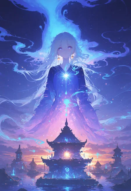 (1girl),(mystical floating temple at twilight, ethereal atmosphere:1.6),
(golden sunset light mixed with cool blue ambient glow, dramatic contrast:1.7),
(volumetric light rays, mist swirling around, faint magical energy:1.5),
(graceful and mysterious woman, long flowing silver hair with celestial glow:1.6),
(deep violet eyes, piercing and enigmatic gaze, faint luminescence:1.5),
(slight smile, calm yet powerful aura, poised and elegant stance:1.4),
(long flowing translucent robe, silky and adorned with intricate golden embroidery:1.5),
(delicate golden jewelry, ornate magical sigils glowing softly:1.4),
(subtle wind moving her hair and fabric, dynamic motion effect:1.5),
(star-like particles drifting around, celestial energy radiating softly:1.5),
(floating candles casting warm flickering light, ancient ruins in the distance:1.6),
(moon partially visible through mist, creating a dreamlike reflection on water:1.4),
(close-up dramatic shot, intimate framing, subject in sharp focus:1.8),
(dynamic lighting with cinematic highlights and soft shadows, radiant glow on skin:1.7),
(extraordinary lighting effects, ultra-detailed shading, high-end fantasy CG aesthetics),
(raytracing reflections, soft bokeh, hyper-detailed depth, breathtaking composition).,