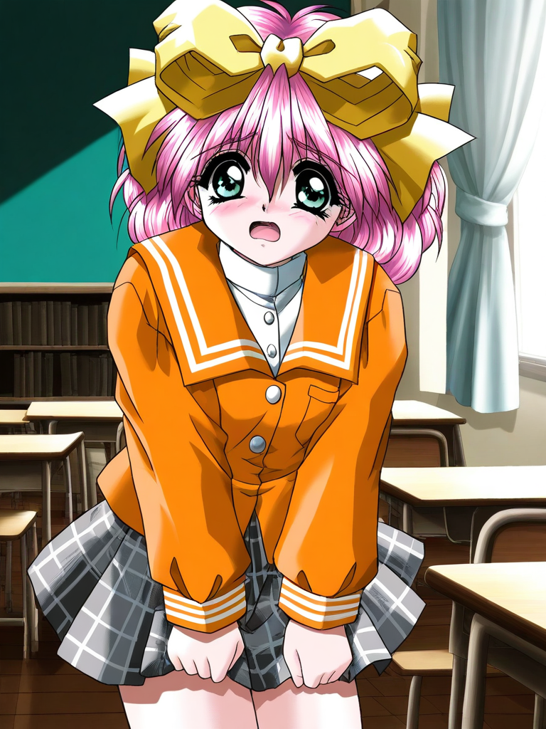 general,highres, ultra-detailed,very aesthetic,best quality ,best hands, BREAK <lora:Kanzaki_Suzu_Akumu_AoiKajitsunoSange_IS:1>
Kanzaki_Suzu, 1girl, solo, pink hair, medium hair, yellow bow, green eyes, hair bow, short,
orange school uniform, gray plaid skirt, white and black skirt, 
embarrassed+afraid,
open mouth,
class room, curtain,