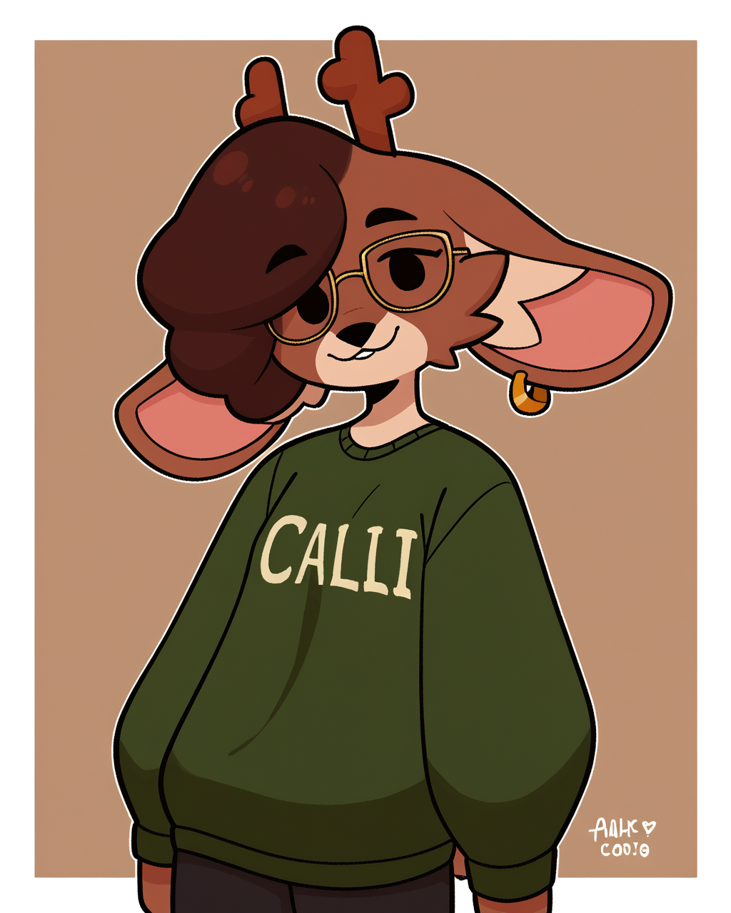 score_9_up, score_8_up, score_7_up, score_6_up, half-length portrait, small breasts, furry, female, furry female, brown hair, dot eyes,  jackalope, antlers, green topwear, green sweater, short hair, female, glasses, spats, looking at viewer, solo, earring, neutral expression, socks, three-quarter view, head tilt, simple background, white outline, <lora:Leah_Pines(AIM)_XL_v1:0.15> <lora:PDXL_artist_tags_v2_big:0.5> <lora:The-Minuscule-Task_PDXL_v1.0:0.6>  <lora:Bun_bunhearts:0.6>