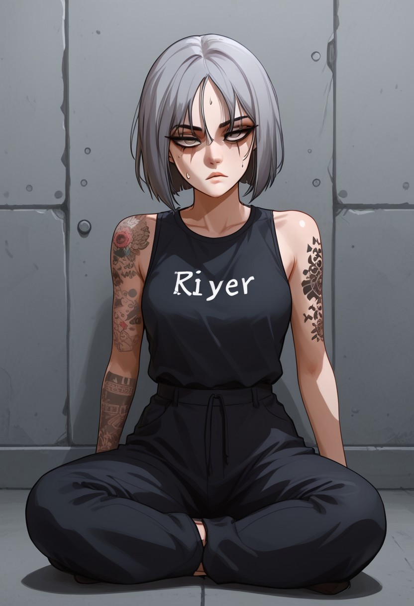 embedding:urn:air:sd1:embedding:civitai:222256@250708, score_9, score_8_up, score_7_up, score_6_up, 1 girl, very light blue hair, almost gray hair, gray eyes, short hair, full body tattoos, t4ts, tattoos, tattoo, gangster tattoos, fit body, slim, medium breasts, sleeveless flannel, white flannel, black sports pants, on the jail, in a prison, sitting, rude face, rude, sitting thoughtful, goth girl, raven from dc, half closed eyes, black bags under her eyes, sexy pose, sweating, sweat body, expresiveH