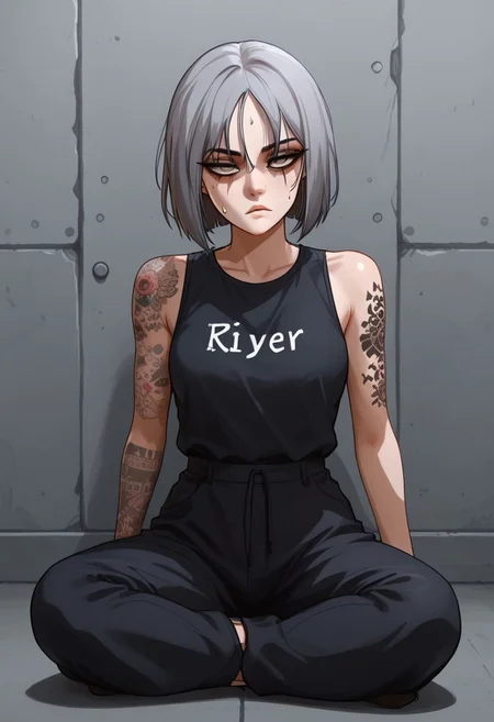 embedding:urn:air:sd1:embedding:civitai:222256@250708, score_9, score_8_up, score_7_up, score_6_up, 1 girl, very light blue hair, almost gray hair, gray eyes, short hair, full body tattoos, t4ts, tattoos, tattoo, gangster tattoos, fit body, slim, medium breasts, sleeveless flannel, white flannel, black sports pants, on the jail, in a prison, sitting, rude face, rude, sitting thoughtful, goth girl, raven from dc, half closed eyes, black bags under her eyes, sexy pose, sweating, sweat body, expresiveH