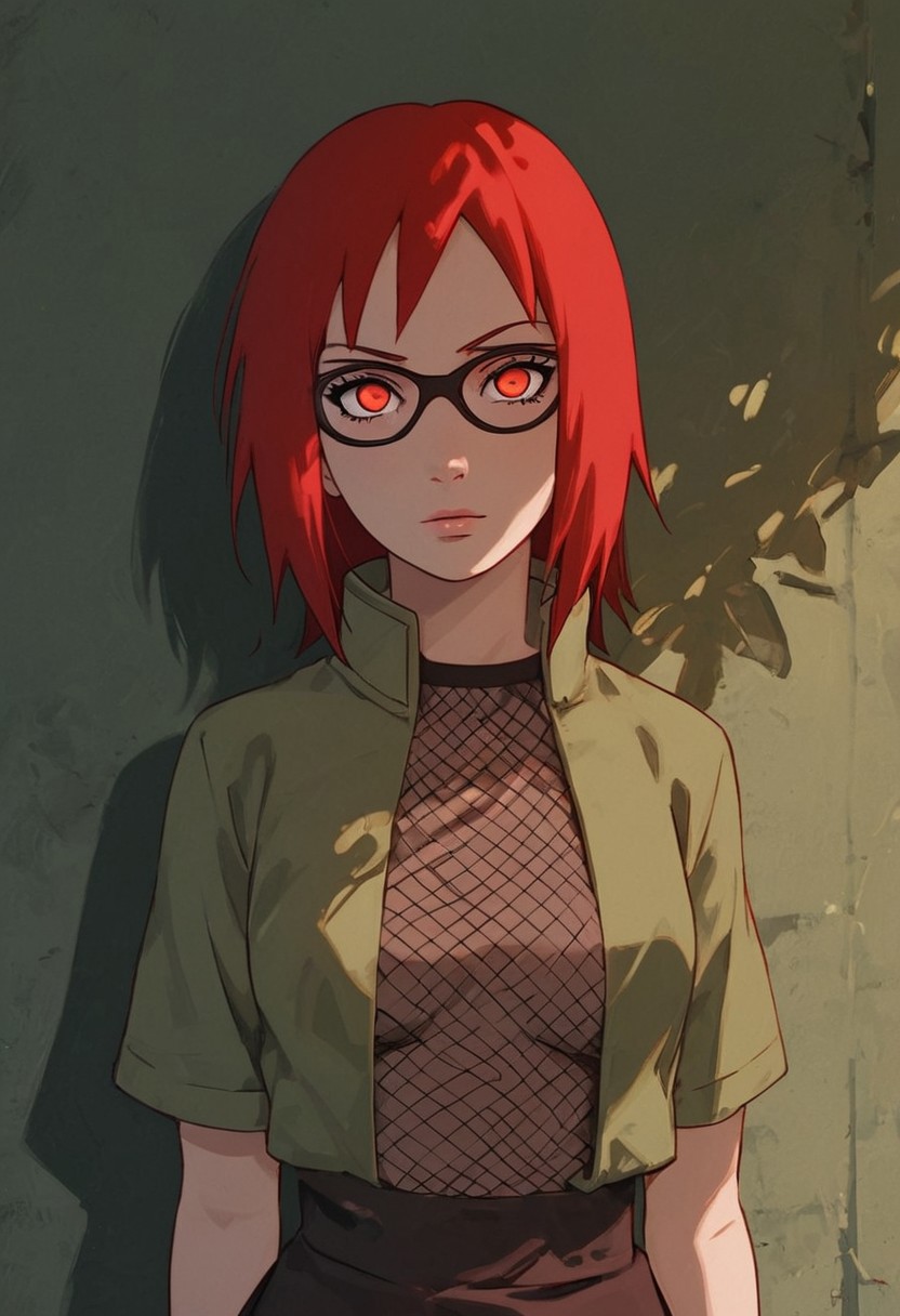 score_9, score_8_up, score_7_up,  
1girl, solo, karin uzumaki, genin, \(Naruto\), red eyes, red hair, glasses, cute, medium perky breasts, narrow waist, wide hips, curvy, 
Fishnet top, fishnets, fishnet tights, green jacket, short sleeves, brown skirt, skirt, kusagakure symbol, upper body, big detailed eyes, skindentations, detailed, pretty girl,
innocent expression, standing up, looking at viewer, in front of a park, dramatic lighting, pretty girl