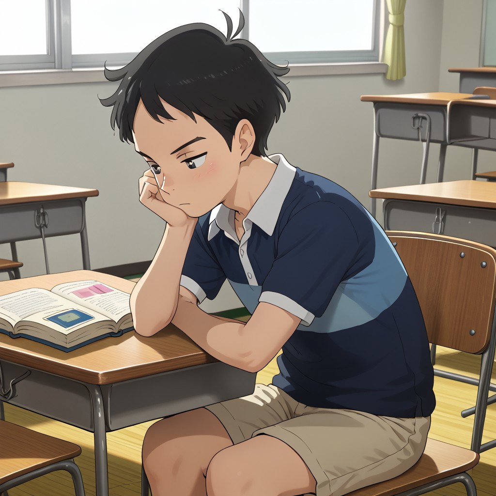 best quality, masterpiece, break, solo, aoyama_ph, 1boy, black hair, short hair, shirt, shorts, sitting, classroom, head rest, book