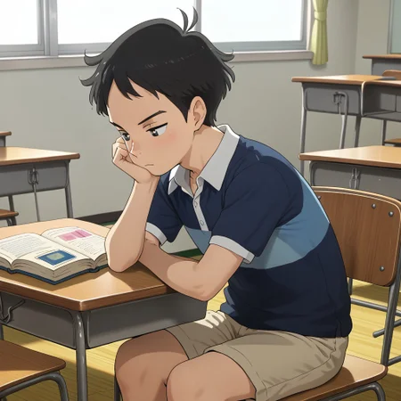 best quality, masterpiece, break, solo, aoyama_ph, 1boy, black hair, short hair, shirt, shorts, sitting, classroom, head rest, book