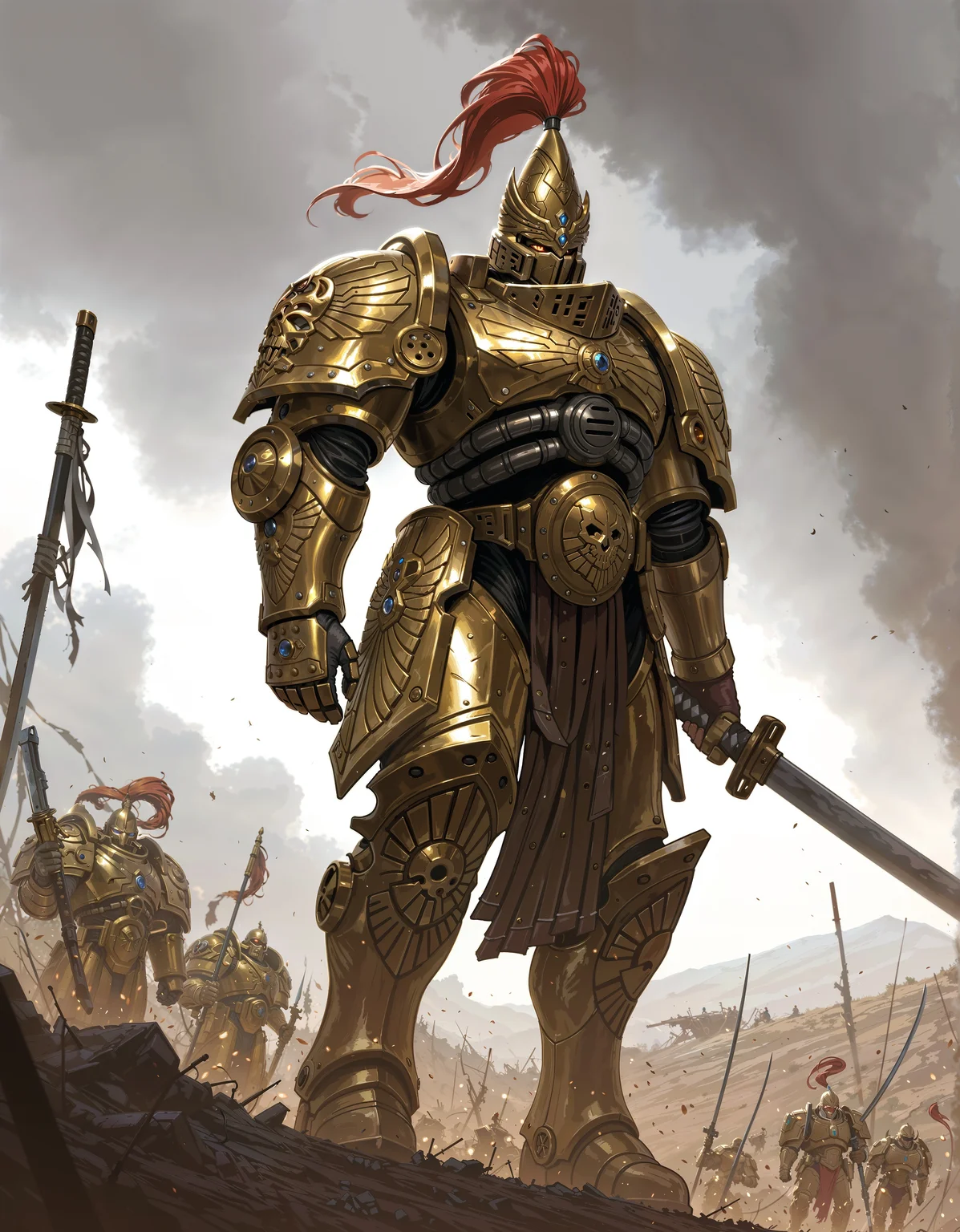 masterpiece, best quality,high quality, newest, highres,8K,HDR,absurdres, iLLCustodes40k, 1boy, solo, helmet, power armor, golden armor, holding a katana, in a battlefield, apocalyptic, grimdark, mid shot, <lora:iLLCustodes40k:1>