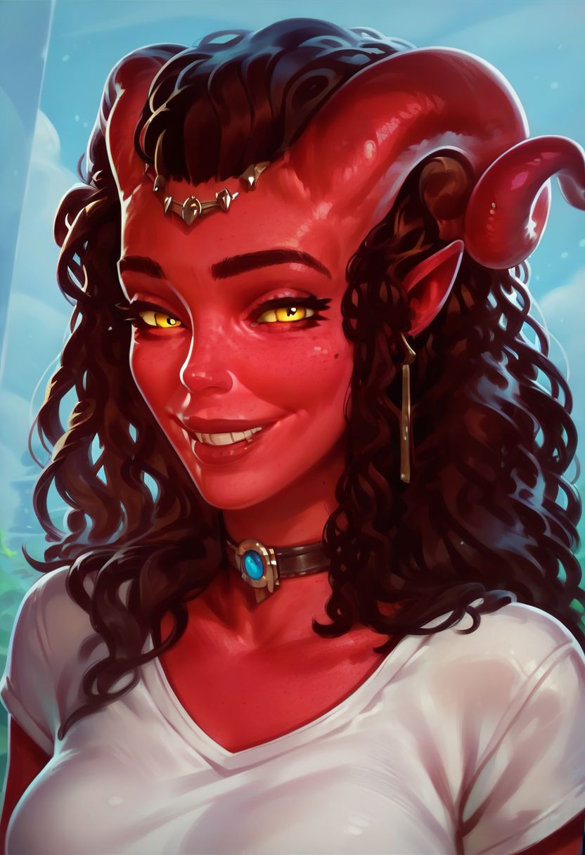 score_9, score_8_up, score_8, 1girl, smooth, highly detailed, perfect, high quality, high definition, shirt, face, up close face, looking at viewer, smiling, close up, face focus, red skin, tiefling, horns, yellow eyes, straight on view
