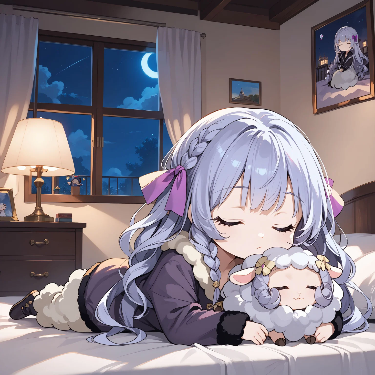 score_max, (score_9, score_8_up, score_7_up:1.2), score_6_up, official art, source_anime,
, masterpiece, absurdres, high detail, 8k,
night, atarry sky, indoors, bedroom, bed, from side, (stuffed sheep:1.2), lamb,
on stomach, sleeping, crossed arms, closed eyes,
(chibi:1.2), solo, felicette, hair ribbon, purple ribbon, side braid, fur-trimmed pajamas, sheep costume,
<lora:XL_Pony_game-marfushasg-felicette-t1:1>