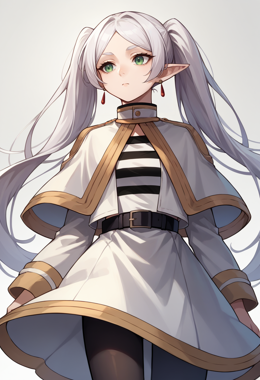 score_9, score_8_up, source_anime, 1girl, solo, FrierenBase, green eyes, white hair, long hair, twintails, earrings, white capelet, striped shirt, long sleeves, belt, white skirt, black pantyhose, standing, expressionless, white background, <lora:CHAR-FrierenPonyXL:1>