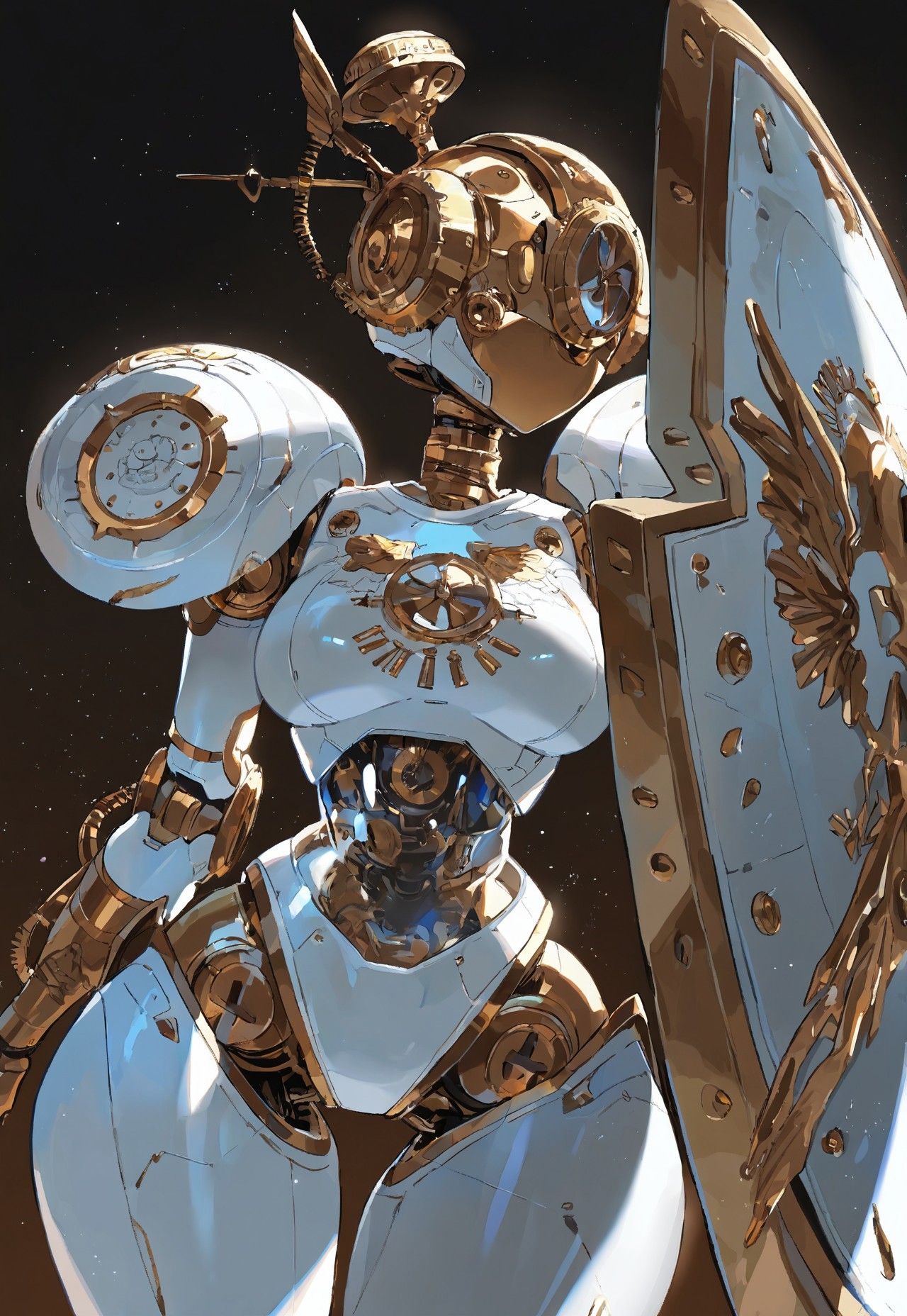 masterpiece, best quality, amazing quality,  high resolution, aesthetic,  robot girl, ((robot body)), robot joints, medium breasts, wide hips, metal body, angelic, glowing white details, gold details, rim lighting, pretty hair, scifi,  transparent body, vintage robot, steampunk, wide robot head, inhuman head, holding glowing scifi shield, behind shield
