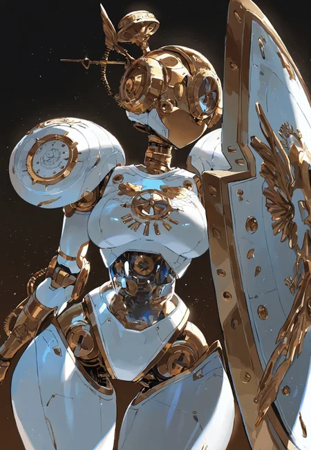 masterpiece, best quality, amazing quality, high resolution, aesthetic, robot girl, ((robot body)), robot joints, medium breasts, wide hips, metal body, angelic, glowing white details, gold details, rim lighting, pretty hair, scifi, transparent body, vintage robot, steampunk, wide robot head, inhuman head, holding glowing scifi shield, behind shield