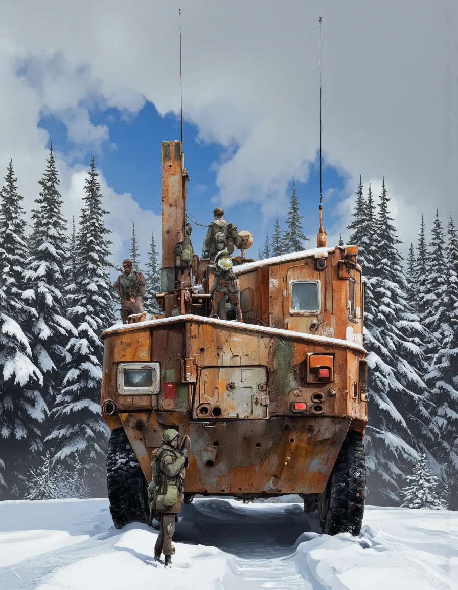 A realistic digital illustration shoot from a front camera angle about a military vehicle in a snowy forest setting. the image also shows a soldier standing in front of a large, rusted, armored vehicle with a tower on top. on the front of the vehicle, a group of soldiers can be seen, with one soldier standing with his arms raised. the soldiers are wearing helmets and carrying bags, and appear to be engaged in conversation. the vehicle is situated in the middle of the image, with a snow-covered forest in the background. the sky is a clear blue with some clouds, and the overall atmosphere is cold and desolate.