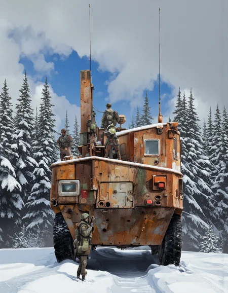 A realistic digital illustration shoot from a front camera angle about a military vehicle in a snowy forest setting. the image also shows a soldier standing in front of a large, rusted, armored vehicle with a tower on top. on the front of the vehicle, a group of soldiers can be seen, with one soldier standing with his arms raised. the soldiers are wearing helmets and carrying bags, and appear to be engaged in conversation. the vehicle is situated in the middle of the image, with a snow-covered forest in the background. the sky is a clear blue with some clouds, and the overall atmosphere is cold and desolate.