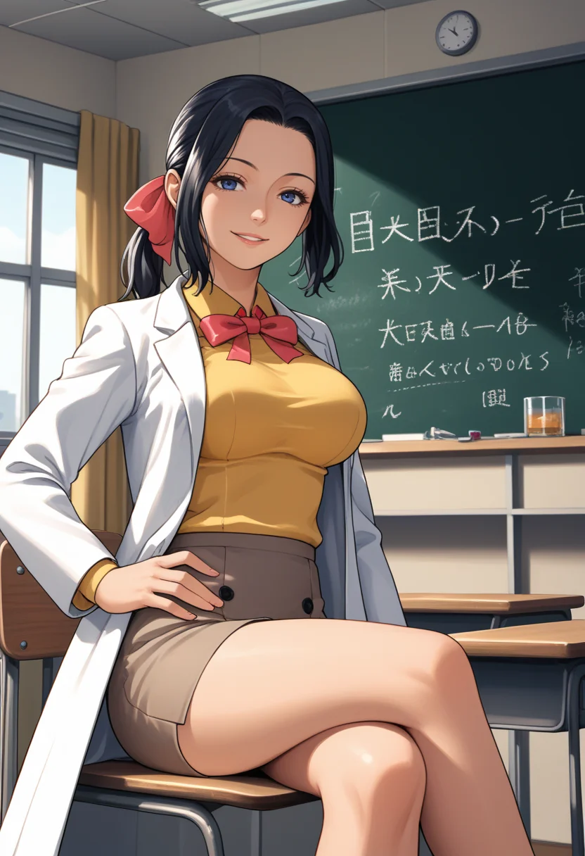 score_9, score_8_up, score_7_up, source_anime, BREAK, 1girl, smile, looking at viewer, <lora:Mari-pdxl_Fp:1>, maridesu, black hair, blue eyes, ponytail, hair ribbon, collared shirt, yellow shirt, ibbon, lab coat, skirt, hand on own hip, large breasts, classroom, chalkboard, sitting, crossed legs, parted lips,