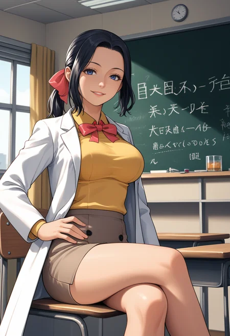 score_9, score_8_up, score_7_up, source_anime, BREAK, 1girl, smile, looking at viewer,  <lora:Mari-pdxl_Fp:1>, maridesu, black hair, blue eyes, ponytail, hair ribbon, collared shirt, yellow shirt, ibbon, lab coat, skirt, hand on own hip, large breasts, classroom, chalkboard, sitting, crossed legs, parted lips,