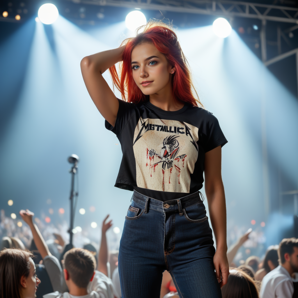 professional 3d model score_9_up, score_8_up, score_7_up, masterpiece, ultra quality, ultra detailed,1girl, blond, slender, petit, wearing a Metallica t-shirt, metallica logo, bones design, she's wearing black jeans in a music concert, outdoors, mtbs, metallica, metallica_bones, metallica logo, metallica t-shirt mtbs, metallica_bones, <lora:Metallica-Bones-tshirt-ponyv2:0.8>    <lora:Karla pony:0.8> kxkx, long, hair, photograph . octane render, highly detailed, volumetric, dramatic lighting