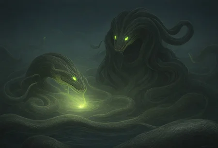 dark fantasy art, gothic art, detailed background, intricate, Exquisite details and textures, highly detailed, ultra detailed photograph, 4k, sharp focus, high resolution, a wolf with snakes skin, summoning creature, fire and water vortex, dramatic, green eyes, glowing eyes, gothic cloak, backlit fog surrounds character, snakes surround the character on the ground, character is in an ancient tomb, 12 snake soldiers surround main character
snake, snake on shoulders, sn4k3