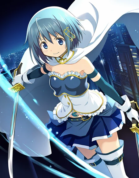 masterpiece, best quality, newest, absurdres, highres, safe, 1girl, miki sayaka, magia record: mahou shoujo madoka magica gaiden, solo, holding sword, city, night, dutch angle, <lora:miki_sayaka_noobaiXLNAIXL_vPred10Version:0.7>