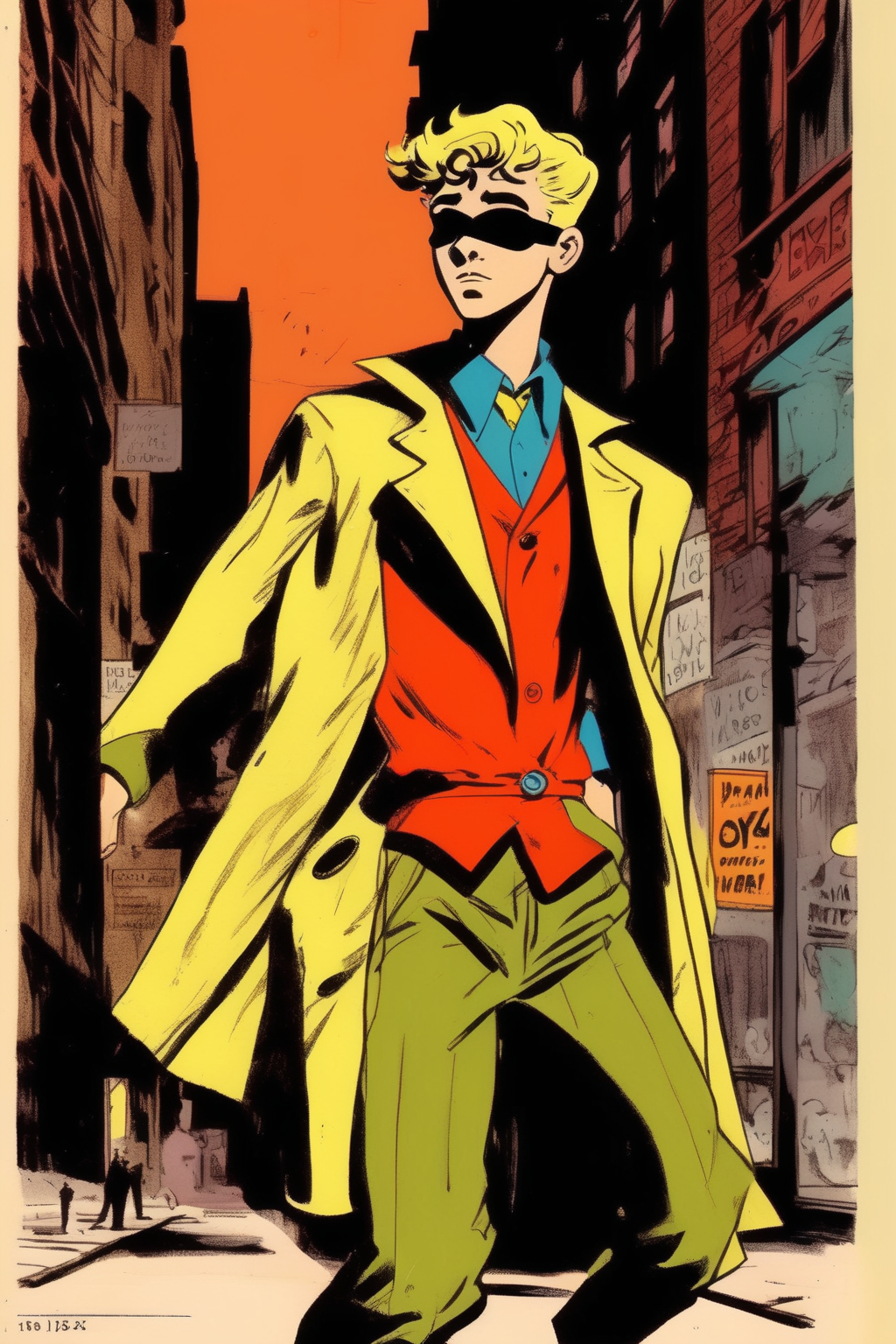 <lora:Will Eisner Style:1>Will Eisner Style - teenage boy superhero from 1930's NYC Lower East Side with a bright costume and a domino mask x Alex Toth animation style sheet