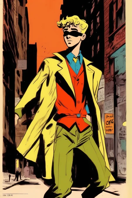 <lora:Will Eisner Style:1>Will Eisner Style - teenage boy superhero from 1930's NYC Lower East Side with a bright costume and a domino mask x Alex Toth animation style sheet