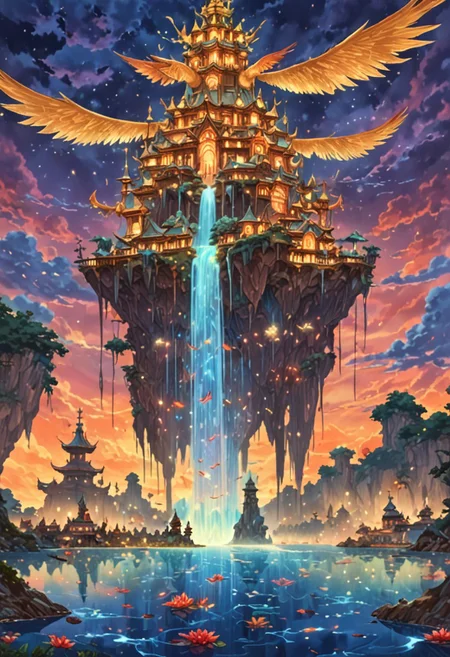 neon, Bioluminescent, surrealism, glitter, A sprawling fantasy kingdom nestled high among floating islands, with cascading waterfalls flowing from one island to another. The palace at the center of the largest island gleams with golden spires and ornate architecture. Vibrant flora lines the edges of the islands, glowing softly in the twilight. In the skies above, majestic winged creatures soar through the clouds, their scales shimmering in the last light of day. The atmosphere is filled with a sense of wonder and enchantment, as if the entire land is suspended between reality and a dream. The scene is bathed in warm, ethereal lighting, casting soft glows on the water and creating a magical aura around the floating islands