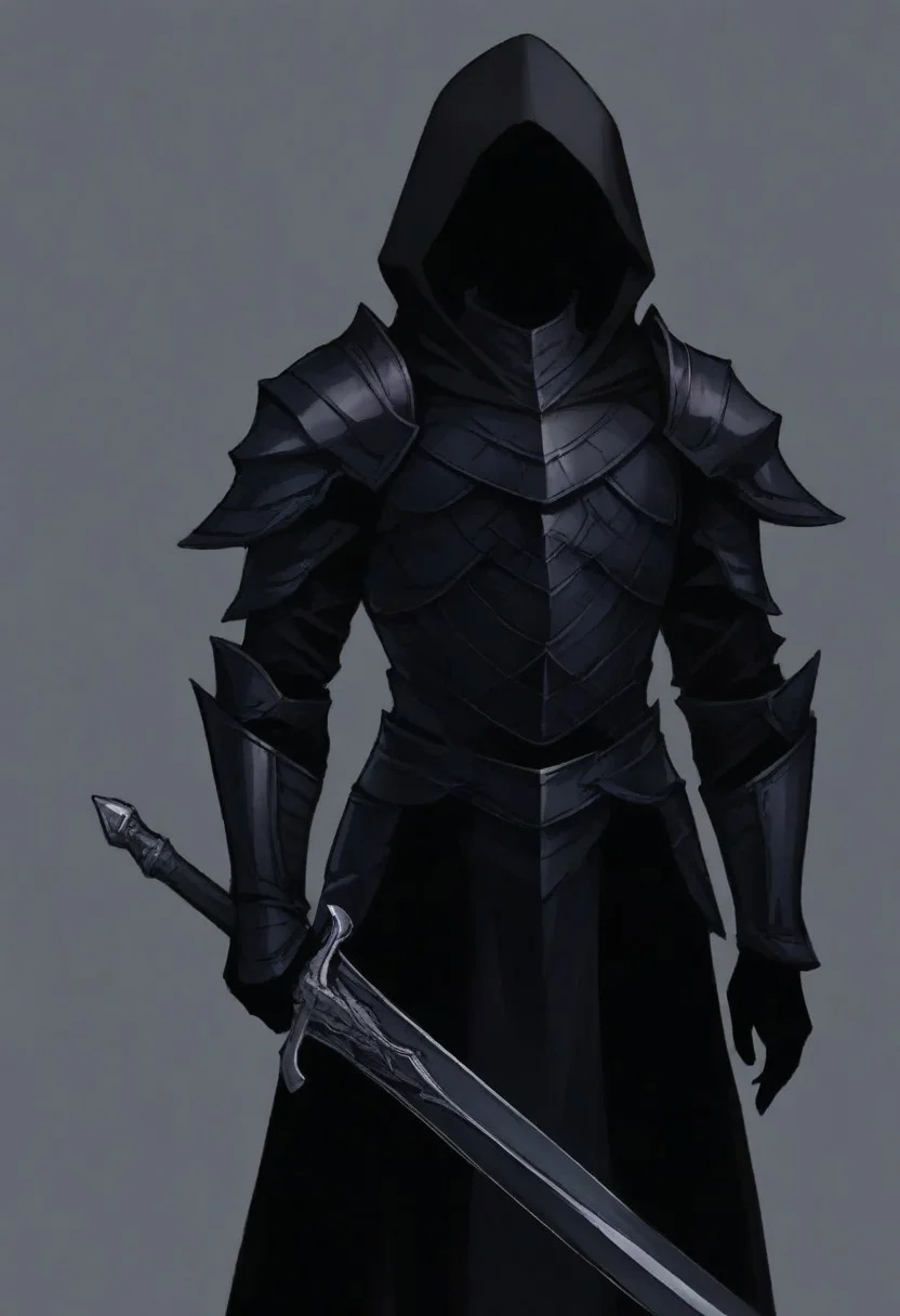 colored skin, black skin, (black hair, silhouette:1.5), no eyes, faceless, no highlights, hooded figure, black robes, dark armor, armored gautnlets, Nazgul. Holding a sword, penitent pose