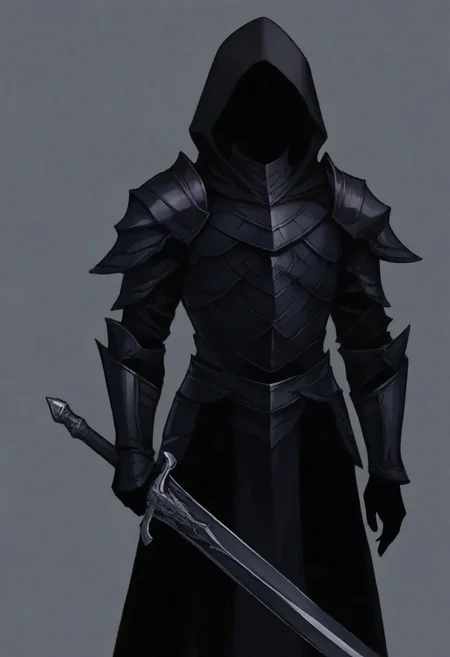 colored skin, black skin, (black hair, silhouette:1.5), no eyes, faceless, no highlights, hooded figure, black robes, dark armor, armored gautnlets,  Nazgul. Holding a sword, penitent pose
