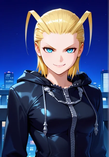masterpiece, best quality, amazing quality, very aesthetic, absurdres, newest, detailed background, upper body, outdoors, night, city, sky, dynamic angle
larxenekh, 1girl, solo, blonde hair, antenna hair, hood, smirk, upper body, short hair, hood down, looking at viewer, forehead, zipper, hair slicked back, blue eyes, black coat
<lora:Larxene_-_Kingdom_Hearts_Illustrious_r2:1>