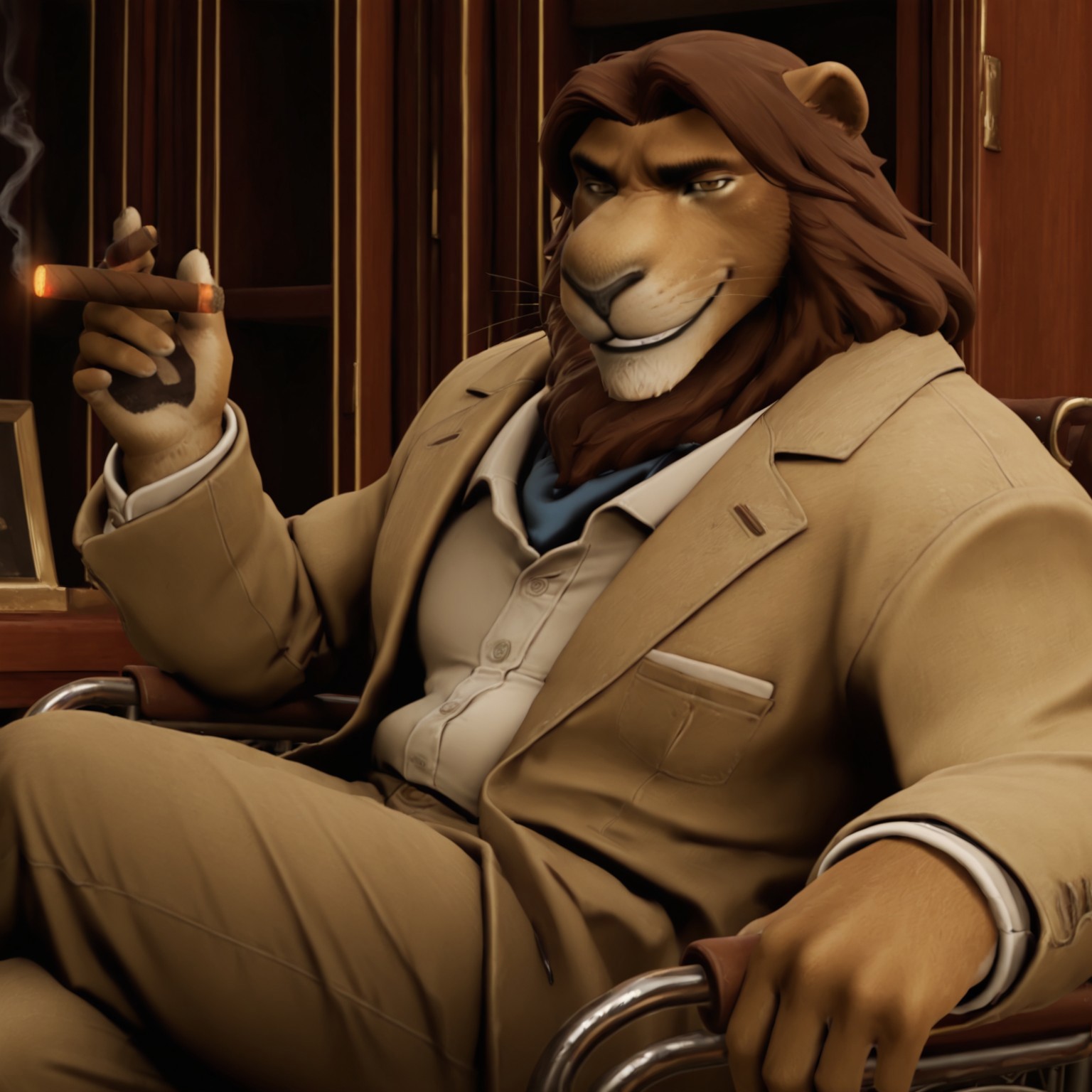 score_9, score_8_up, score_8, masterpiece, best quality, amazing quality, very aesthetic, absurdres, newest, high quality, perfect anatomy, best anatomy, correct anatomy, detailed, solo, Thorpe, 1boy, furry male, brown hair, lion, whiskers, jacket, lion nose, lion ears, facial hair, formal, white collared shirt, blue undershirt, pants, black shoes, fur, thick eyebrows, wheelchair, brown eyes, long hair, older male, desk, bookcase. sitting in wheelchair, smug, evil grin, looking at viewer, toothy smile, evil, smoking cigar, smoke, smoking, holding cigar in hand, 