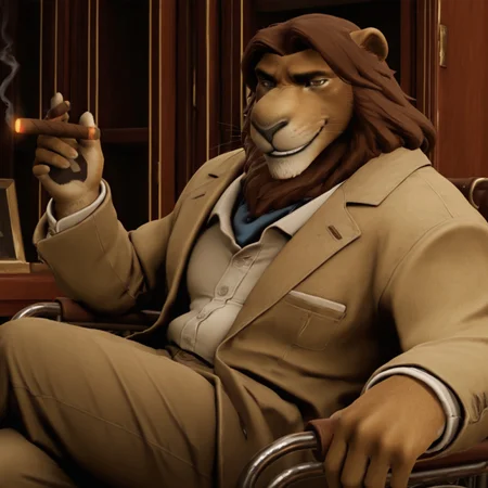 score_9, score_8_up, score_8, masterpiece, best quality, amazing quality, very aesthetic, absurdres, newest, high quality, perfect anatomy, best anatomy, correct anatomy, detailed, solo, Thorpe, 1boy, furry male, brown hair, lion, whiskers, jacket, lion nose, lion ears, facial hair, formal, white collared shirt, blue undershirt, pants, black shoes, fur, thick eyebrows, wheelchair, brown eyes, long hair, older male, desk, bookcase. sitting in wheelchair, smug, evil grin, looking at viewer, toothy smile, evil, smoking cigar, smoke, smoking, holding cigar in hand,