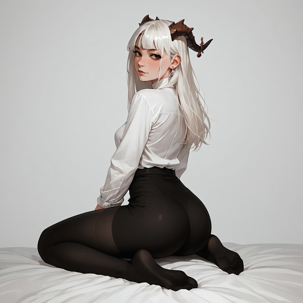 (score_9, score_8_up, score_7_up), 1girl, 20 year old girl, black eyes, (kudu horns), dragon horns, medium breast, white shirt, ((black leggings)), sit side, legs side, (ass), eye contact, (blushing), sexy pose, long hair, looking at viewer, full body, solo, white hair, perfect anatomy, (ass focus)