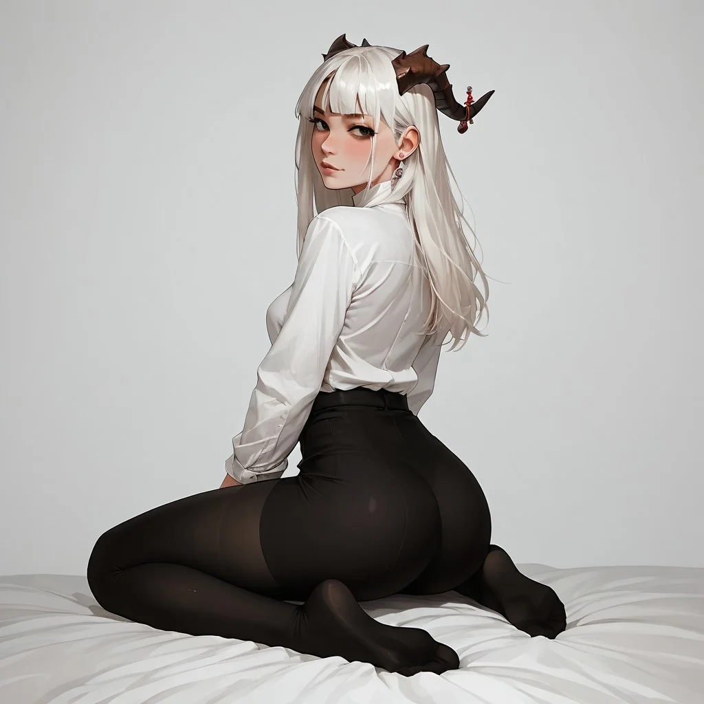 (score_9, score_8_up, score_7_up), 1girl, 20 year old girl, black eyes, (kudu horns), dragon horns, medium breast, white shirt, ((black leggings)), sit side, legs side, (ass), eye contact, (blushing), sexy pose, long hair, looking at viewer, full body, solo, white hair, perfect anatomy, (ass focus)