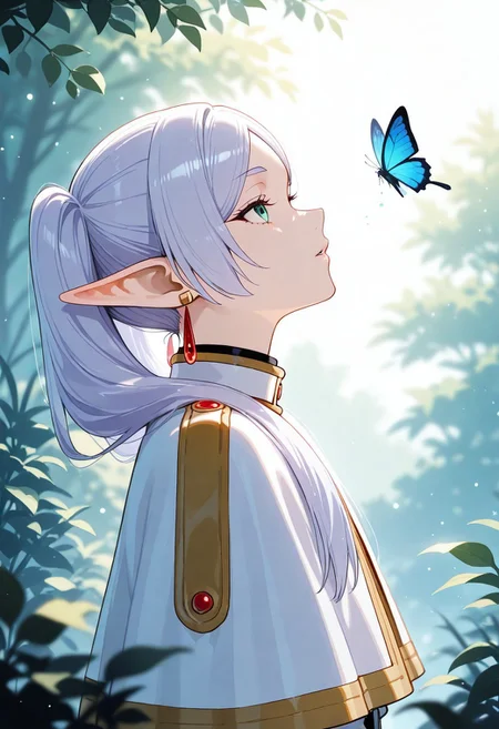 (score_9, score_8_up, score_7_up), 1girl, blue eyes, bug, butterfly, capelet, dangle earrings, earrings, elf, frieren, from side, green eyes, hair over shoulder, jewelry, light particles, long hair, looking at animal, looking up, outdoors, parted lips, pointy ears, profile, solo, twintails, white capelet, white hair