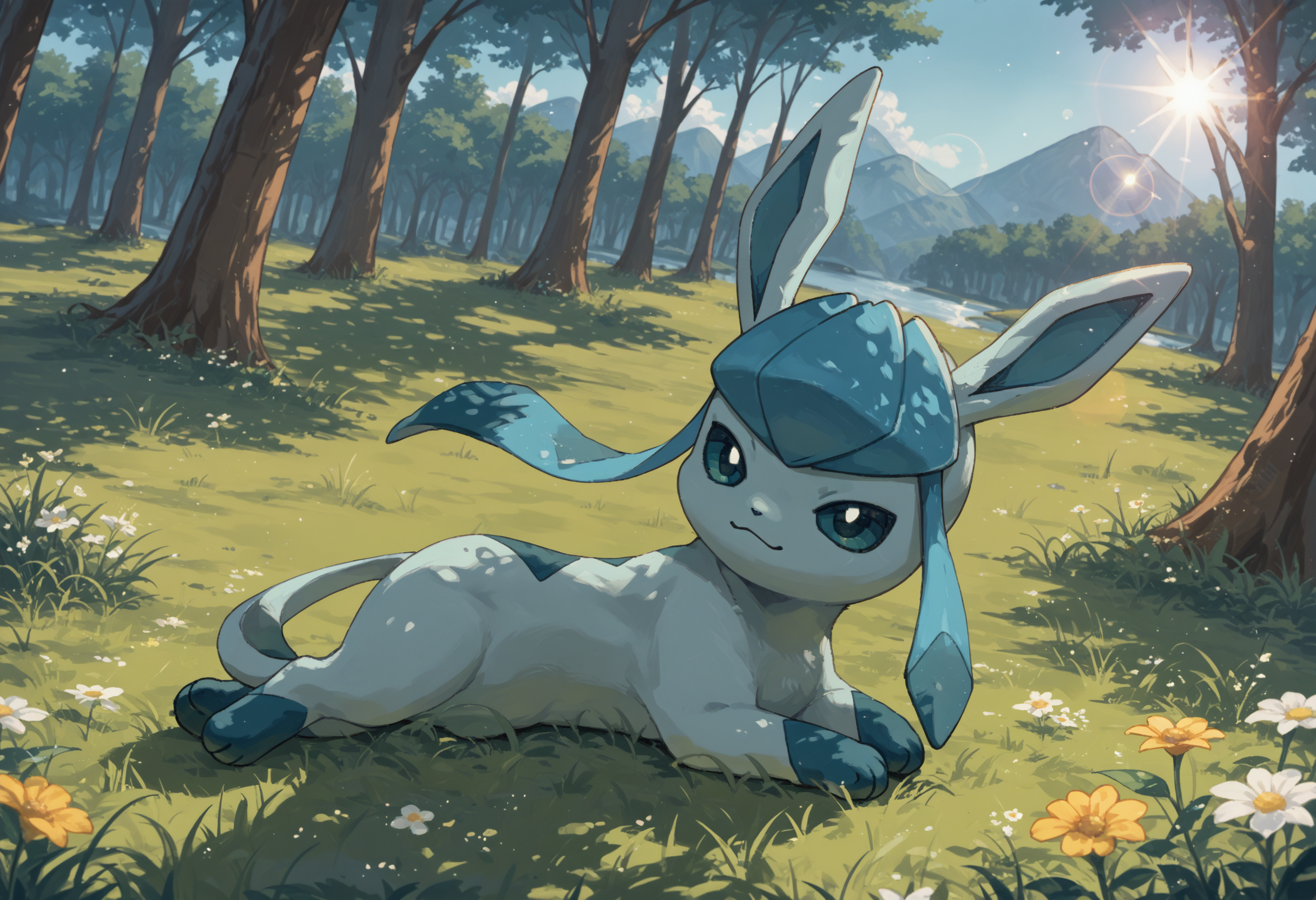 score_9, score_8_up, score_7_up, source_anime BREAK
forest, trees, grass, sunbeam, lens flare, flowers, solo
GL4C30N, quadraped, light blue skin, teal paws, long ears, tail, teal eyes
chibi, lying, on back, from side, sideview, dutch angle, happy, looking at viewer, head tilt, blue sclera
<lora:Glaceon_Pokemon:1>