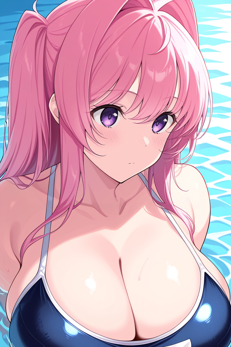 score_9, score_8_up, score_7_up, score_6_up,,  , source_anime , breasts, 1girl,pink hair , purple eyes, , large breasts, , , long hair, hair intakes, , solo, school swimsuit