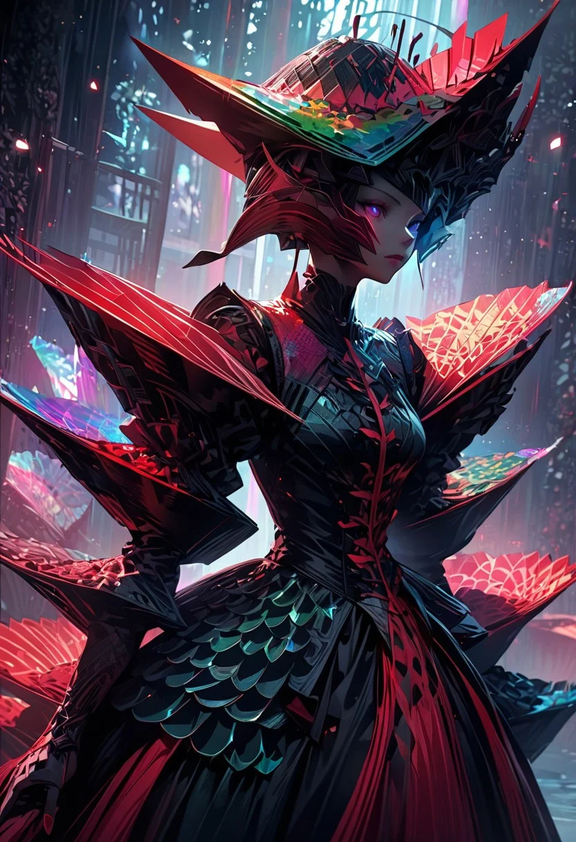 best quality, masterpiece, high resolution, intricate detailed,
beautiful photo of a Avant-garde Fashion - Model walking fashion catwalk, wearing sculptural origami paper fans, folded paper fans hat, traditional japanese patterns,
iridescent, alien clothing.
alienworld,
rays of light, natural light,