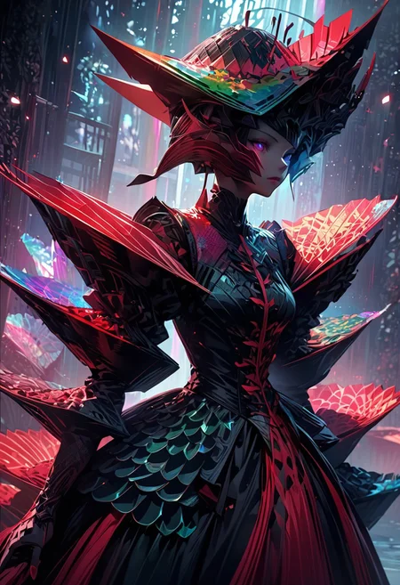 best quality, masterpiece, high resolution, intricate detailed,
beautiful photo of a Avant-garde Fashion - Model walking fashion catwalk, wearing sculptural origami paper fans, folded paper fans hat, traditional japanese patterns,
iridescent, alien clothing.
alienworld,
rays of light, natural light,