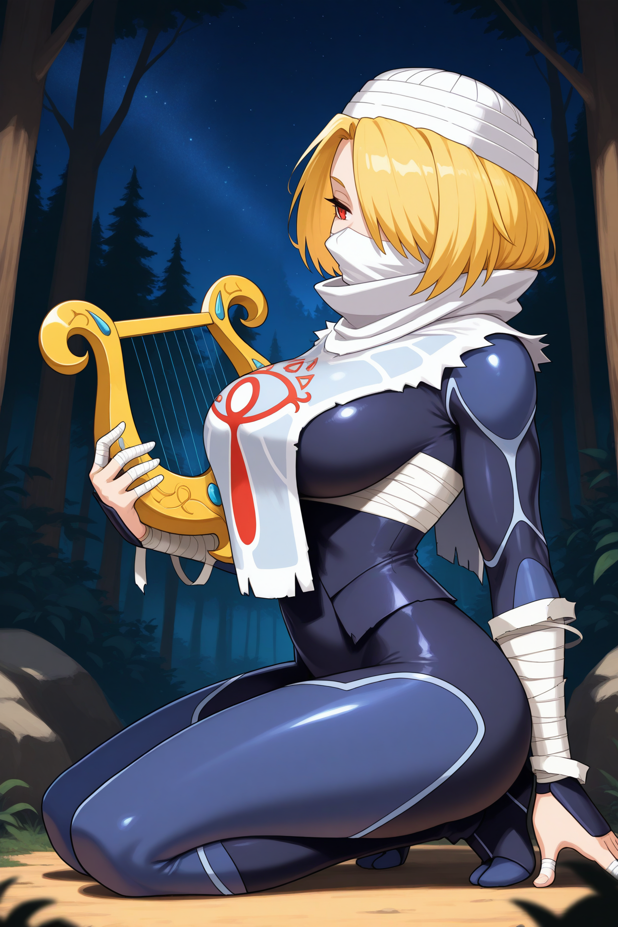 masterpiece, best quality, 1girl, solo,  <lora:sheik-illu-nvwls-v1-000006:1> ootshk, blonde hair, hair over one eye, red eyes, turban, white mask, ninja mask, bandages, bandaged arms, tabard, dark blue bodysuit, large breasts, full body, kneeling, on ground, forest, from side, holding harp, night sky, stars, half-closed eyes